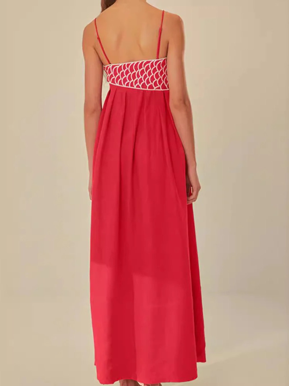 Commense Coral-Red Spaghetti-Strap Maxi Dress with White Embroidery - Picture 4 of 5